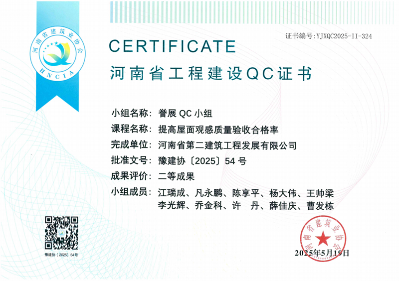 譽(yù)展QC小組榮獲河南省建筑業(yè)協(xié)會(huì)二等成果--國悅城譽(yù)府項(xiàng)目部